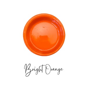 May include: A bright orange ceramic dish with a smooth, glossy finish. The dish is round and shallow, with a slightly raised rim.