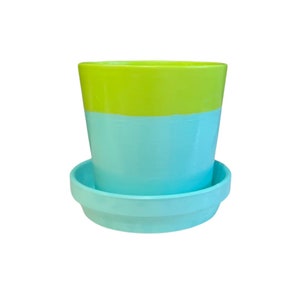 5” Colorblock Planter Set Lime/Aqua // Ceramic Pot w/drainage // Plant Gifts