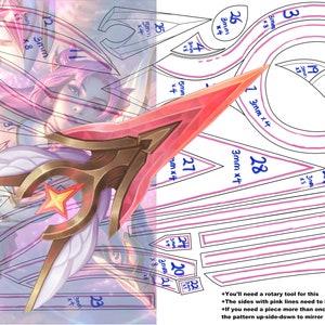 以下が含まれることがあります： ピンクとゴールドの cosplay 小道具の印刷可能なパターン。パターンには、回転工具で部品を切るための指示を含む、29 個の番号付き部品が含まれています。パターンには、回転工具で部品を切るための指示が含まれています。パターンには、回転工具で部品を切るための指示が含まれています。