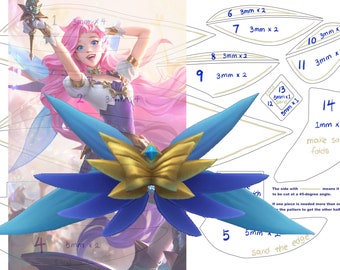 May include: A digital illustration of a character with pink hair and blue wings, holding a staff. The image includes a pattern with measurements in millimeters for crafting the wings and other elements. The design features a gold and blue color scheme.