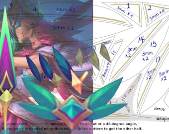 May include: A digital art print featuring a fantasy weapon design with a detailed illustration. The design includes a spear-like weapon with a purple and green blade, along with various decorative elements and cut patterns. The image includes measurements in millimeters.