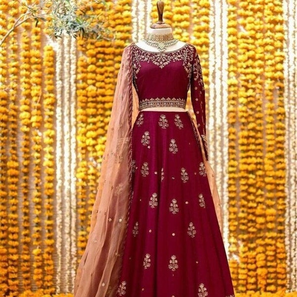 Pakistani Wedding Dress, Maroon Bridal Lehenga Choli with Peach Net Dupatta Bridesmaid Dress, Wedding Dress, Reception Dress, Indian Dress,