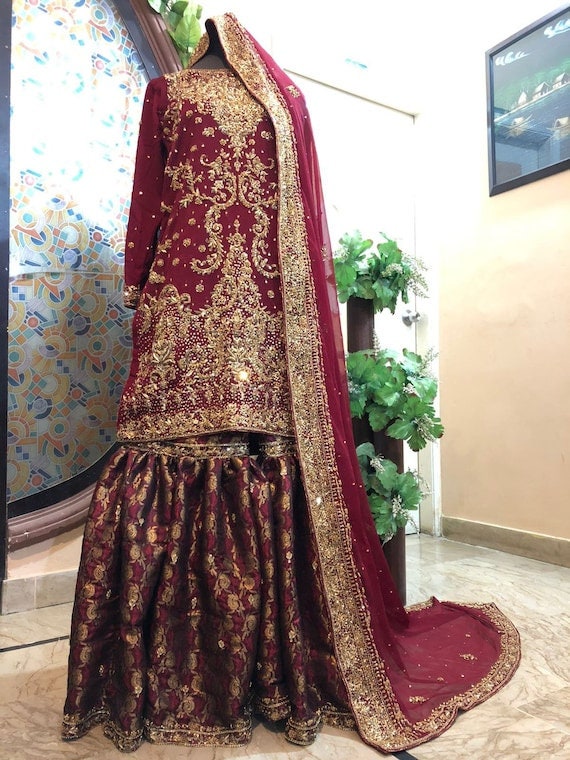 Burgundy pakistani wedding dress cheap
