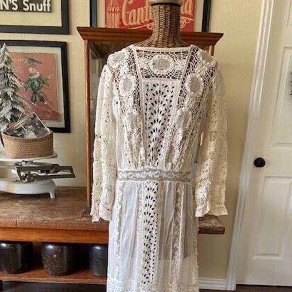 Antique Edwardian Titanic Era Lace Crocheted Lawn Dress Early 1900s