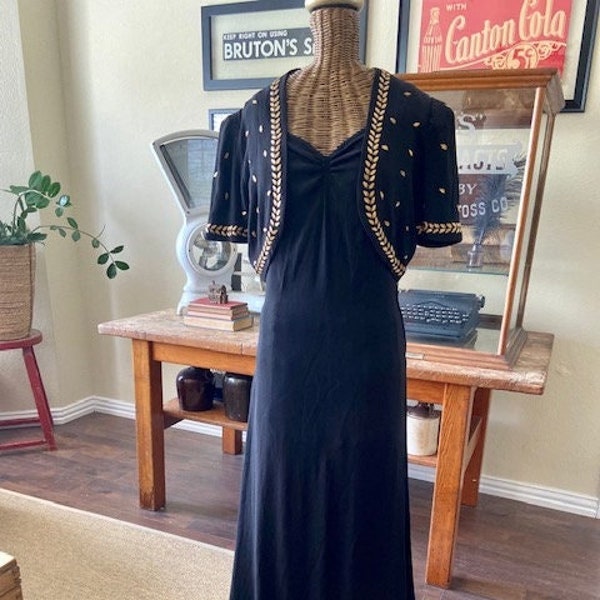 Vintage 1930s Black Crepe Evening Gown With Bolero Jacket