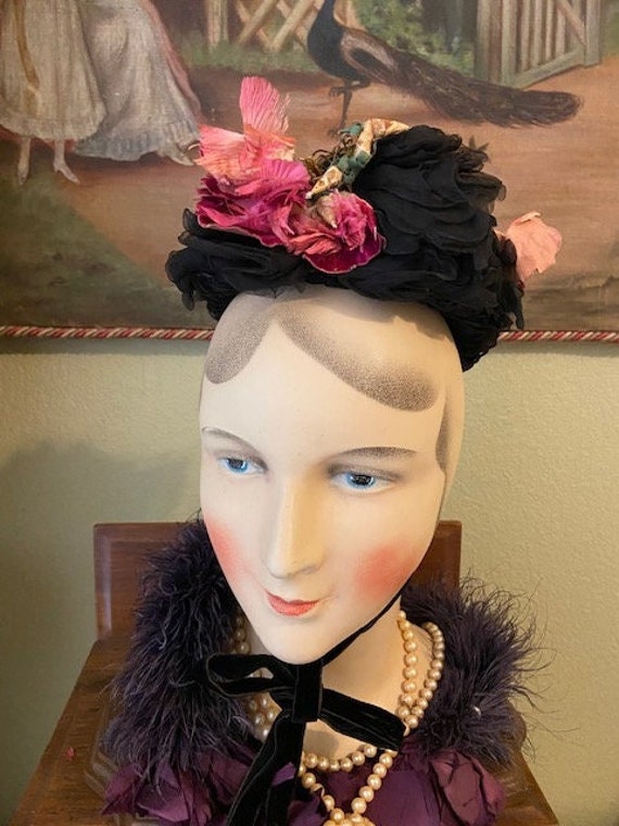 Antique Victorian Bonnet With Black Silk Chiffon S