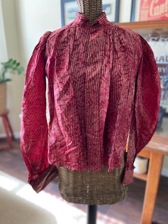 Antique 1800s Tailored Red And Blue Silk Blouse