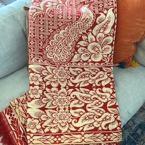 Antique  Red and Cream Jacquard  Summer Winter Coverlet With Peacocks 1800s