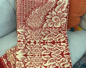 Antique  Red and Cream Jacquard  Summer Winter Coverlet With Peacocks 1800s