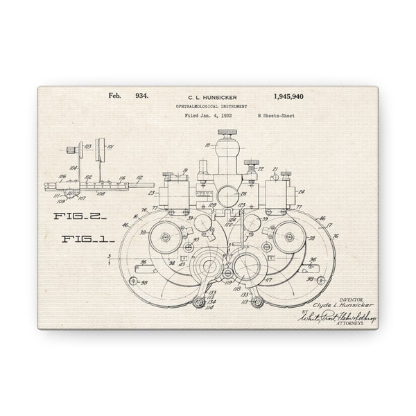 1932 Vintage Phoropter Patent Art Canvas | Classic Optometry Decor | High-Detail Cotton Print | Professional Wall Art | Assorted Sizes