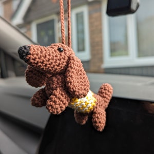 Handmade Crochet Dachshund Dog Car Charm | Car Hanging Rear View Mirror | Dachshund Dog Car Gift | Cute Dachshund Car Accessories