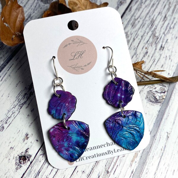 Blue and purple galaxy polymer clay dropper earrings • sterling silver hardware • statement earrings • lightweight earrings