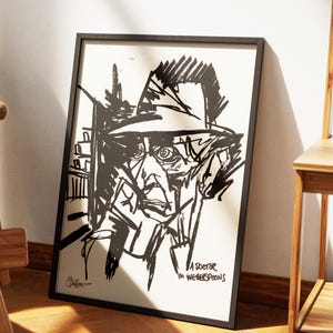 Puede incluir: Lámina artística enmarcada en blanco y negro con un boceto de una persona con sombrero. La obra de arte está firmada e incluye el texto "A Doctor in Wetherspoons". La obra está apoyada contra una pared blanca.