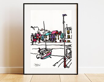 ILFRACOMBE - FRAMED ORIGINAL Oil Pastel painting on recycled card art - 42 x 60 cm - A2 framed - North Devon coast boats sailing sea sketch