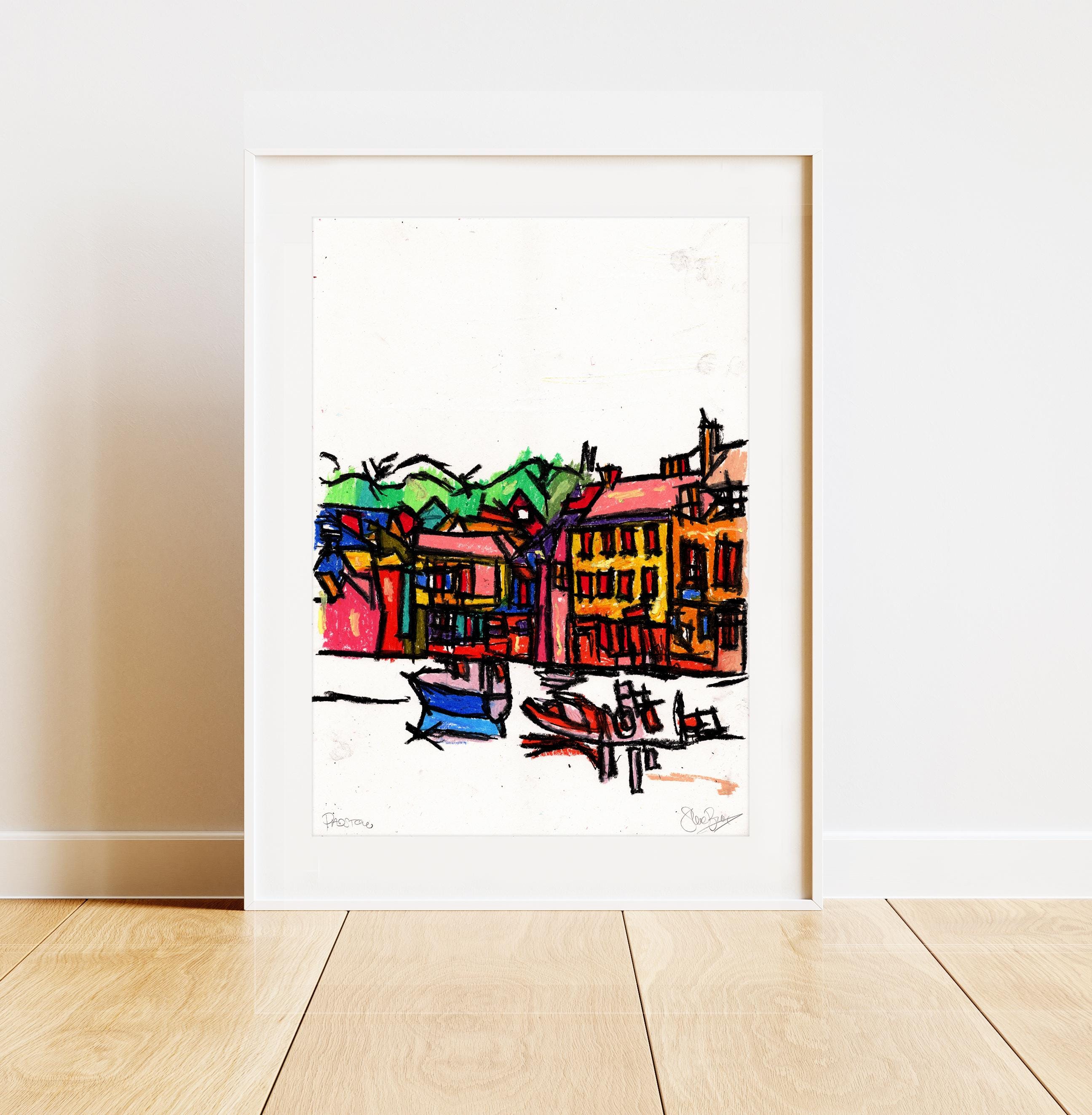 オリジナルフレームオイルパステル画 パドストウ港 コーンウォール xxl