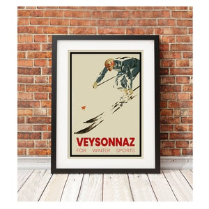 Veysonnaz - Collection of vintage retro style Ski Switzerland travel art retro Swiss poster travel snowboard skiingprint