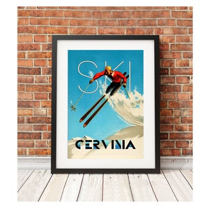 Cervinia - Collection d'affiches rétro vintage de ski de voyage en Italie de style rétro, snowboard de voyage