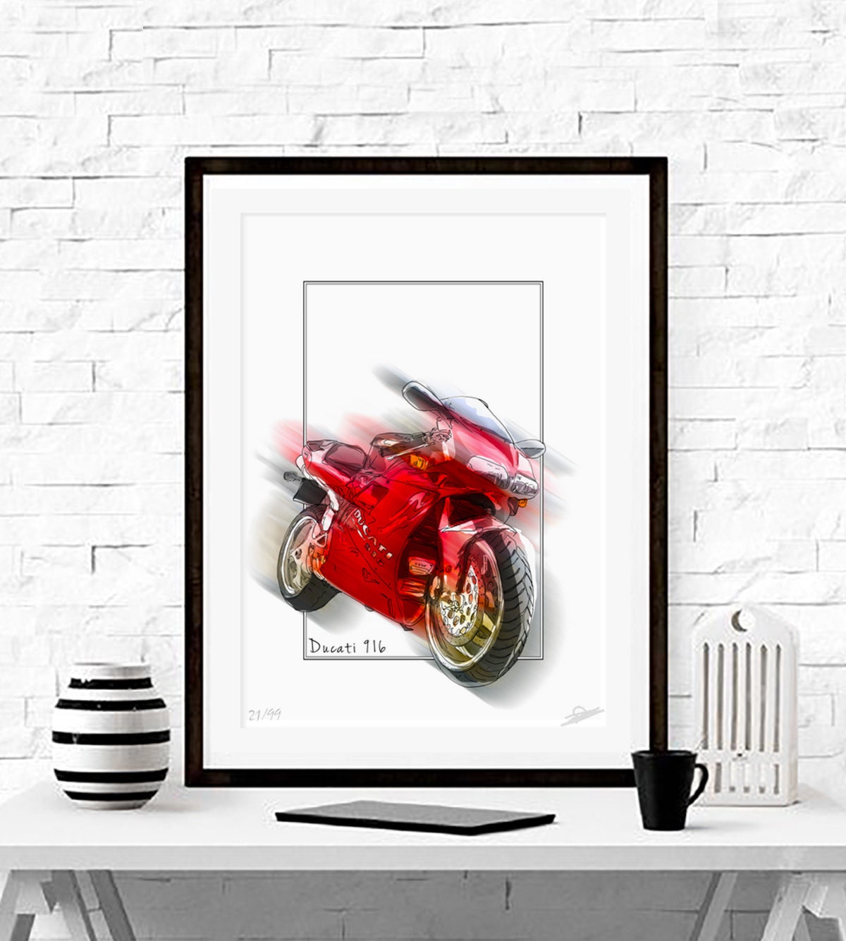 DUCATI 916 - Signed Limited Edition Sketch Motorbike Motorcycle
