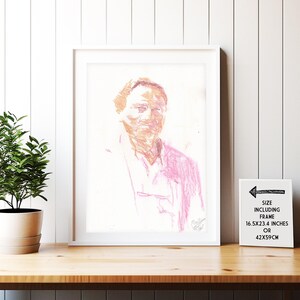 May include: A framed pastel drawing of a person's face. The drawing is in shades of pink, orange, and white. The frame is white and the size including the frame is 16.5x23.4 inches or 42x59 cm.