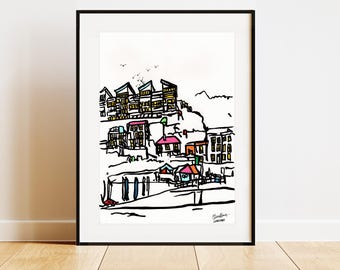 ILFRACOMBE - FRAMED ORIGINAL Oil Pastel painting on recycled card art - 42 x 60 cm - A2 framed - North Devon coast boats sailing sea sketch