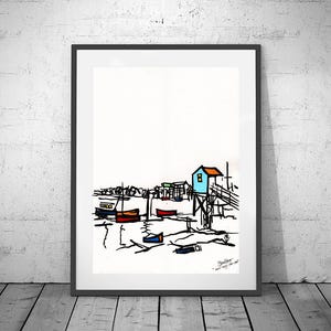Wells-next-the-Sea - FRAMED ORIGINAL Oil Pastel painting on recycled card art - 42 x 60 cm in A2 frame - coast Norfolk boats sailing sea