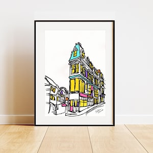 Puede incluir: Un dibujo en blanco y negro de un edificio con un techo turquesa y ventanas amarillas. El edificio está en una esquina de la calle y hay otro edificio en el fondo.