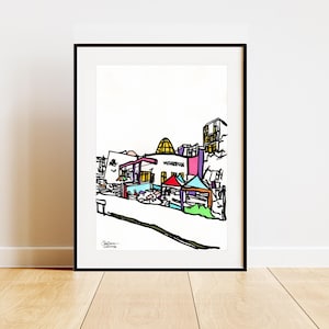 Puede incluir: Un dibujo de línea de colores de un edificio con la palabra "Waterfront" en el lateral. El edificio está rodeado de árboles y otros edificios. El dibujo está en un marco negro.