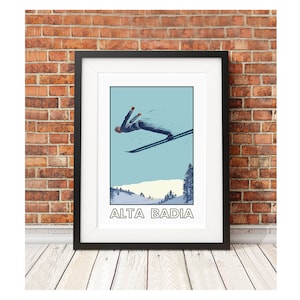 Alta Badia - Collection d'affiches rétro d'art de voyage de ski en Italie de style rétro vintage, snowboard de voyage