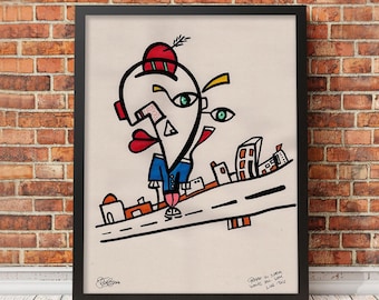 FRAMED ORIGINAL signed Acrylic by Steve Bonds - North WALES contemporary bauhaus cubist abstract portrait mid century street art
