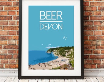 BEER (Devon) Signed limited edition print - travel art retro seaside poster beach print