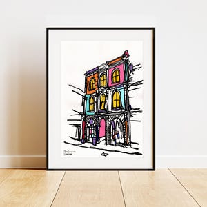 Puede incluir: Un dibujo de línea colorido de un edificio con múltiples ventanas y una puerta arqueada. El edificio está pintado en tonos de rosa, naranja, azul y verde. El dibujo está hecho en un contorno negro.