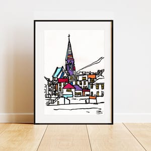 Puede incluir: Un dibujo en blanco y negro de una aldea colorida con un alto campanario de iglesia en el centro. Los edificios están dibujados en un estilo sencillo con colores brillantes, incluyendo rojo, naranja, amarillo, verde, azul y morado.