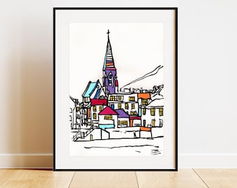 ILFRACOMBE - FRAMED ORIGINAL Oil Pastel painting on recycled card art - 42 x 60 cm - A2 framed - North Devon coast boats sailing sea sketch