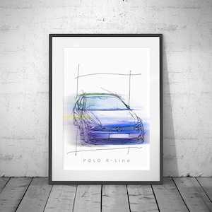 Volkswagen POLO R-Line - gesigneerde limited edition printschets VW posterkunst tekening blauwe aquarel automobilia auto