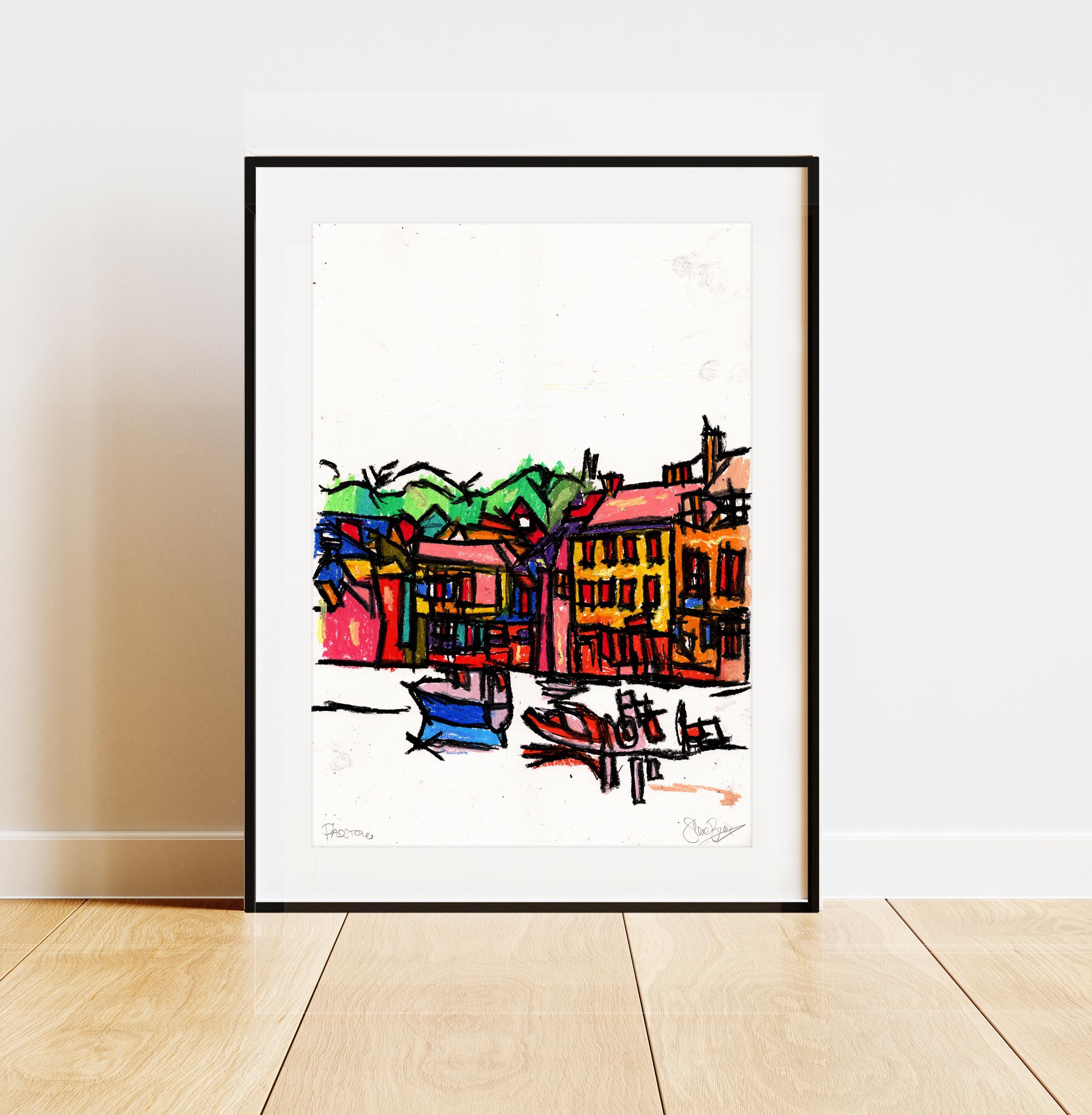 オリジナルフレームオイルパステル画 パドストウ港 コーンウォール xxl