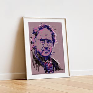 May include: A digital illustration of a man with a pink and blue face, wearing glasses and a dark tie with a red and pink pattern. The background is a light purple color.