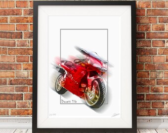 DUCATI 916 - Signed Limited Edition Sketch Motorbike Motorcycle