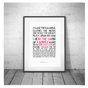 May include: A black and white framed print with the lyrics to the song "Good Vibrations" by The Beach Boys. The lyrics are printed in black with the word "Good" highlighted in pink.