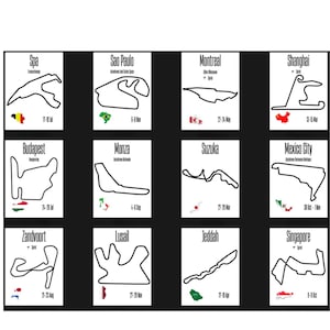 Op de afbeelding: Een zwart-wit poster met twaalf racecircuit lay-outs, elk met een vlag en circuitnaam. Circuits zijn onder meer Spa, Sao Paulo, Montreal, Shanghai, Boedapest, Monza, Suzuka, Mexico City, Zandvoort, Lusail, Jeddah en Singapore.
