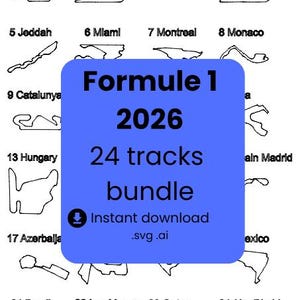 Könnte beinhalten: Schwarz-weiße Grafik mit 24 Formel-1-Rennstreckenlayouts, darunter Melbourne, China und Japan. Ein blaues Quadrat in der Mitte zeigt "Formule 1 2026 24 tracks bundle" mit einem Sofort-Download-Symbol.