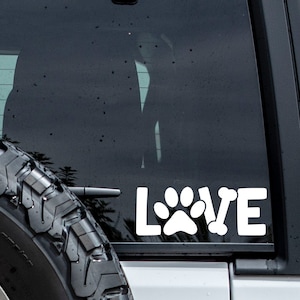 Paw Print and Bone « LOVE » Vinyl Decal - Autocollant de voiture, Décalque de fenêtre, Vinyle permanent