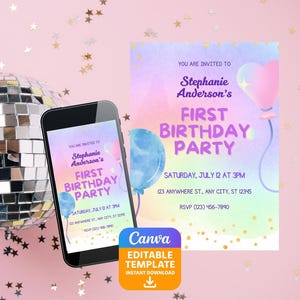 Watercolor Rainbow Birthday Invite - Editable Canva Template