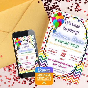 May include: A birthday invitation template featuring a rainbow star border, a chevron pattern at the bottom, and a cluster of colorful balloons. The text reads: It's time to party! Julianna Marie is turning THREE! Saturday July 18 2026 at 2 PM.