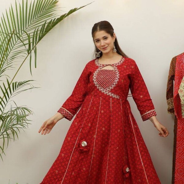 Readymade Cotton Anarkali Ankle Lenght Jaipuri Kurti/Gown Embroidery & Gotta Lace Gotta Patti Plus Size XXL/44