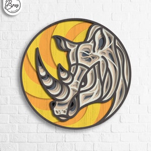 Rhino 3D Mandala svg files, Multilayer Panel for Laser Cutting, SVG files, DXF Templates for CNC router, Africa Safari Multilayer digital