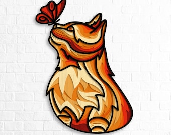 Kot Motyl SVG, pliki 3D Mandala Kot SVG, Wielowarstwowe cięcie laserowe Kot, Kot Cricut SVG, Cięcie sklejki, sztuka ścienna do domu, Motyl SVG
