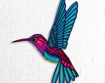 May include: A colorful hummingbird with blue, green, and pink wings, with a long beak and a detailed design.