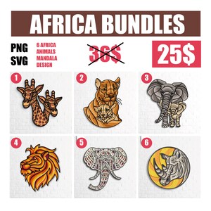 May include: A set of six digital illustrations featuring African animals, including a giraffe, lion, elephant, and rhinoceros. The illustrations are in a colorful, stylized design and are perfect for use in crafts, scrapbooking, or digital projects.