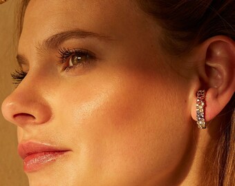 14k Gold Gemstones Setting Stud Earrings, Multicolor Yellow Gold Earring, Rainbow Sapphires Earring Girls, Rainbow Earring Stud Fine Jewelry