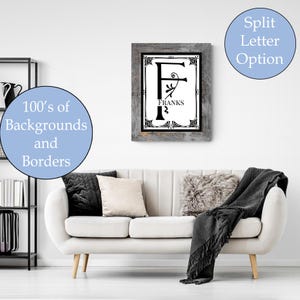 Monogram letter F, editable, printable custom initial print wall art. Gift for wedding, last name sign, dorm room or nursery in 2 sizes.